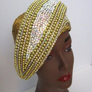 Gold Bead Rhinestone Hat Molded Metallic Straw Church